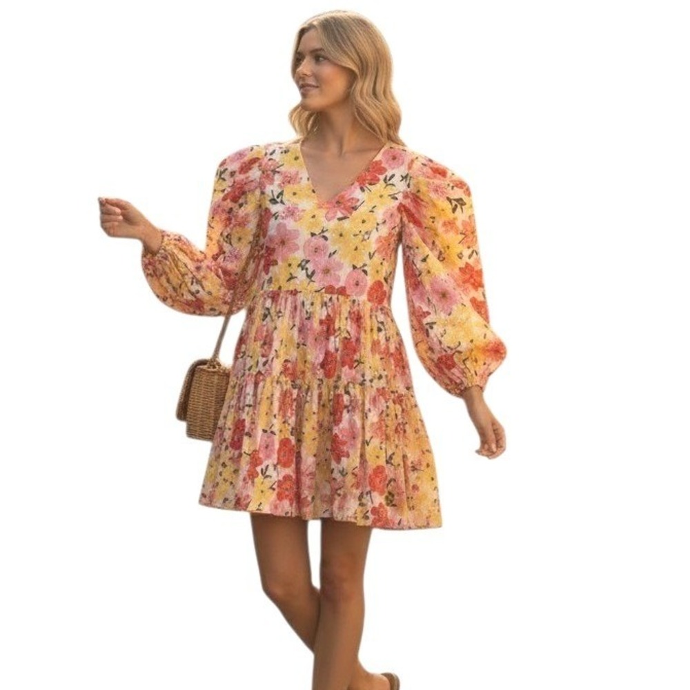 Y.A.S Organic Cotton Womens size Medium Floral Garden Tiered Puff Sleeve Dress